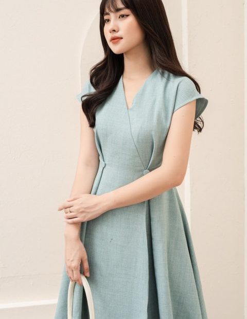 Váy Đầm Cổ Tim Vạt Chồng Dáng Xòe Hàn Quốc Màu Xanh Bạc Hà/ Vàng Amors V019  Đẹp Chuẩn Form | Lazada.Vn